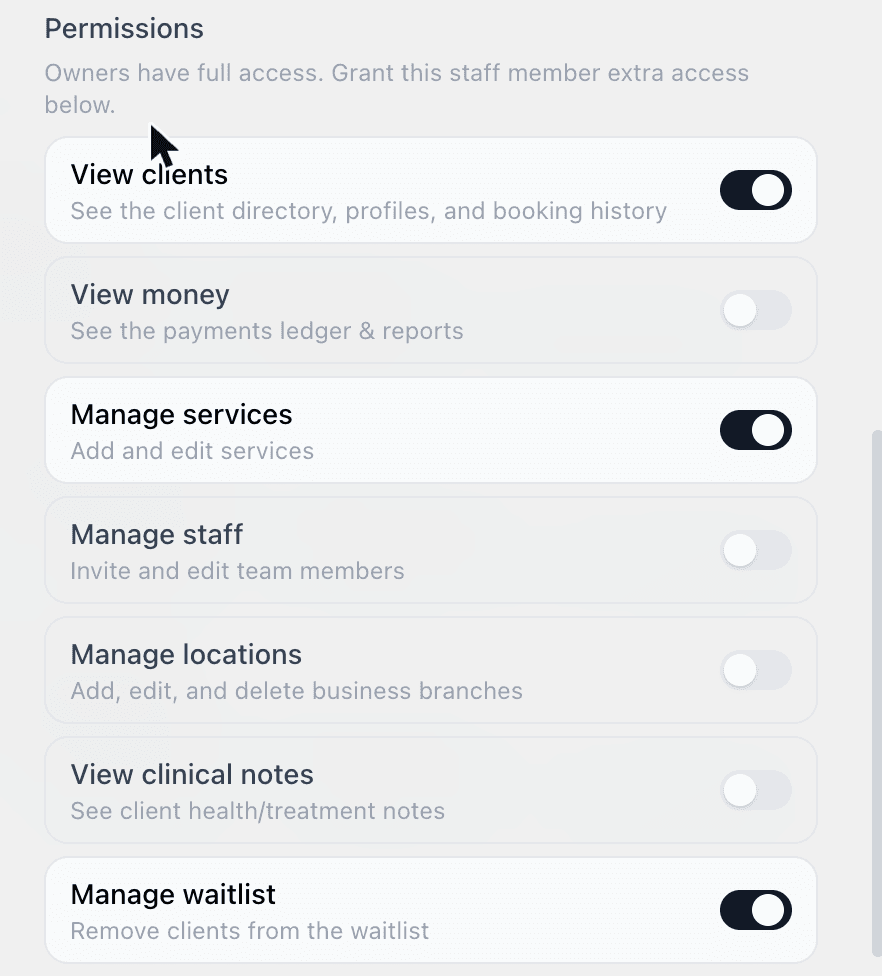 Staff permissions panel for a team member: individual toggles for viewing clients, viewing money, managing services, managing staff, managing locations, viewing clinical notes, and managing the waitlist