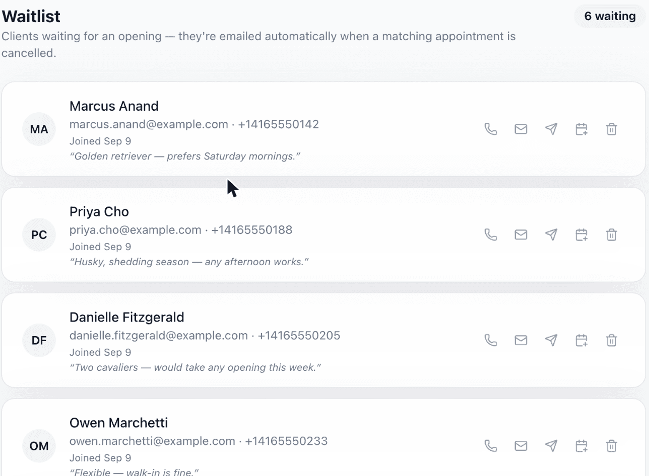 Waine dashboard waitlist showing six clients waiting for an opening, each with the service they want and their scheduling preferences