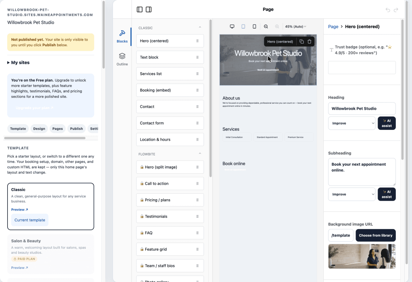 Waine website builder editing a pet studio site: block library on the left, live page preview in the centre, and section properties with AI-assist on the right
